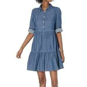 Tommy Hilfiger Womens Chambray Tiered Popover Shirtdress Midi Casual Flowy SZ 10